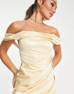 ASOS DESIGN - Vestito Midi Con Scollo Bardot E Spalle Scoperte In Raso Color Oro -Vendite ASOS Maternity || RIVER ISLAND || Monki 203464421 3