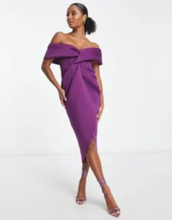 ASOS DESIGN Petite - Vestito Midi Color Uva Con Spalle Scoperte E Incrocio Sul Davanti -Vendite ASOS Maternity || RIVER ISLAND || Monki 203471559 4