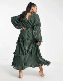 ASOS DESIGN Curve - Vestito Midi A Balze Arricciato In Velluto Verde Decorato A Fiori -Vendite ASOS Maternity || RIVER ISLAND || Monki 203472108 3