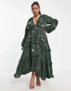 ASOS DESIGN Curve - Vestito Midi A Balze Arricciato In Velluto Verde Decorato A Fiori -Vendite ASOS Maternity || RIVER ISLAND || Monki 203472108 4