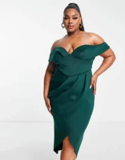ASOS DESIGN Curve - Vestito Midi Verde Bosco Stile Corsetto A Spalle Scoperte Con Gonna A Portafoglio