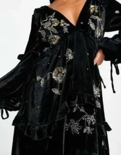 ASOS DESIGN Petite - Vestito Midi A Balze Arricciato In Velluto Nero Decorato A Fiori -Vendite ASOS Maternity || RIVER ISLAND || Monki 203472411 3