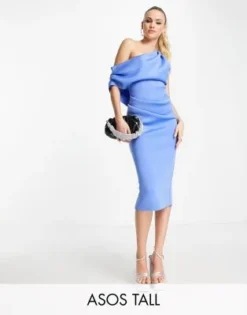 ASOS DESIGN Tall - Vestito Midi Con Spalle Scese Blu A Pieghe