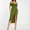 ASOS DESIGN Tall - Vestito Midi Color Oliva Con Spalle Scoperte E Incrocio Sul Davanti
