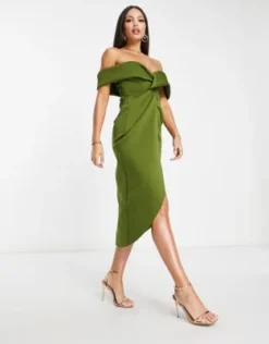 ASOS DESIGN Tall - Vestito Midi Color Oliva Con Spalle Scoperte E Incrocio Sul Davanti -Vendite ASOS Maternity || RIVER ISLAND || Monki 203472703 4