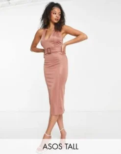 ASOS DESIGN Tall - Vestito Midi Rosa Con Cintura E Scollo A U
