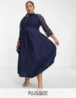 Little Mistress Plus - Vestito Al Polpaccio Blu Navy Con Dettagli In Pizzo