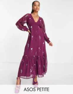 ASOS DESIGN Petite - Vestito Da Giorno Lungo Ricamato Con Bottoni Color Vino