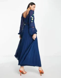 ASOS DESIGN Tall - Vestito Midi A Maniche Lunghe Blu Navy A Pieghe Con Inserto In Pizzo Ricamato -Vendite ASOS Maternity || RIVER ISLAND || Monki 203487933 2