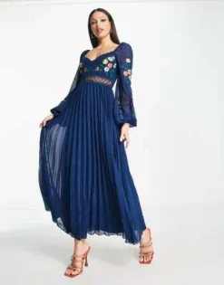 ASOS DESIGN Tall - Vestito Midi A Maniche Lunghe Blu Navy A Pieghe Con Inserto In Pizzo Ricamato -Vendite ASOS Maternity || RIVER ISLAND || Monki 203487933 4