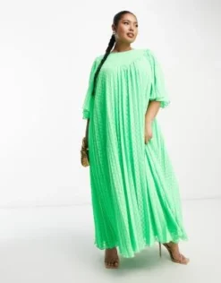 ASOS DESIGN Curve - Vestito Midi A Pieghe In Plumetis Con Maniche A Pieghe E Dettaglio A V Verde