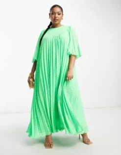 ASOS DESIGN Curve - Vestito Midi A Pieghe In Plumetis Con Maniche A Pieghe E Dettaglio A V Verde -Vendite ASOS Maternity || RIVER ISLAND || Monki 203488800 4
