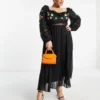 ASOS DESIGN Curve - Vestito Midi A Maniche Lunghe Nero A Pieghe Con Inserto In Pizzo Ricamato