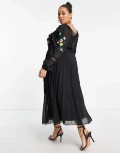 ASOS DESIGN Curve - Vestito Midi A Maniche Lunghe Nero A Pieghe Con Inserto In Pizzo Ricamato -Vendite ASOS Maternity || RIVER ISLAND || Monki 203489128 2