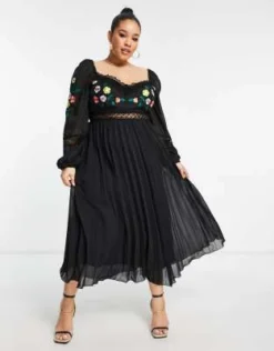 ASOS DESIGN Curve - Vestito Midi A Maniche Lunghe Nero A Pieghe Con Inserto In Pizzo Ricamato -Vendite ASOS Maternity || RIVER ISLAND || Monki 203489128 4