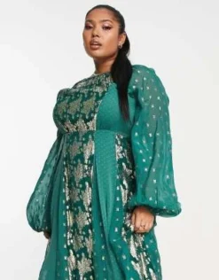 ASOS DESIGN Curve - Vestito Midi In Jacquard Metallizzato Elasticizzato Sul Retro Color Verde Pino -Vendite ASOS Maternity || RIVER ISLAND || Monki 203489875 4