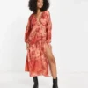 ASOS DESIGN - Vestito Midi In Raso Arancione Bruciato A Fiori Con Maniche Ad Ali Di Pipistrello