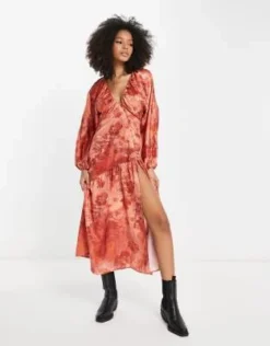 ASOS DESIGN - Vestito Midi In Raso Arancione Bruciato A Fiori Con Maniche Ad Ali Di Pipistrello
