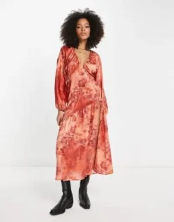 ASOS DESIGN - Vestito Midi In Raso Arancione Bruciato A Fiori Con Maniche Ad Ali Di Pipistrello -Vendite ASOS Maternity || RIVER ISLAND || Monki 203489938 3