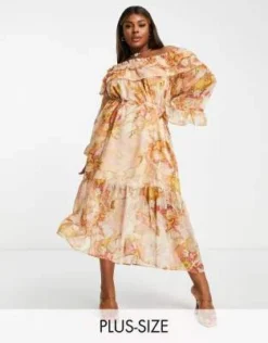 River Island Plus - Vestito Midi Beige Con Volant E Scollo Bardot