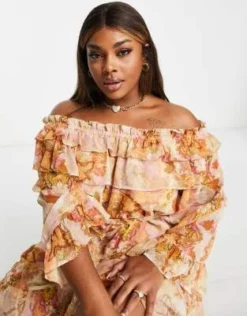 River Island Plus - Vestito Midi Beige Con Volant E Scollo Bardot -Vendite ASOS Maternity || RIVER ISLAND || Monki 203495997 3