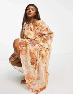 River Island Plus - Vestito Midi Beige Con Volant E Scollo Bardot -Vendite ASOS Maternity || RIVER ISLAND || Monki 203495997 4