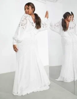 ASOS EDITION Curve - Ella - Vestito Da Sposa Con Maniche A Campana, Perline E Dettagli In Pizzo Sangallo Color Crema -Vendite ASOS Maternity || RIVER ISLAND || Monki 203518903 3