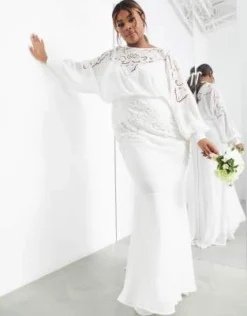 ASOS EDITION Curve - Ella - Vestito Da Sposa Con Maniche A Campana, Perline E Dettagli In Pizzo Sangallo Color Crema -Vendite ASOS Maternity || RIVER ISLAND || Monki 203518903 4