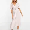 River Island - Vestito Midi Rosa Chiaro Con Maniche A Sbuffo E Cintura