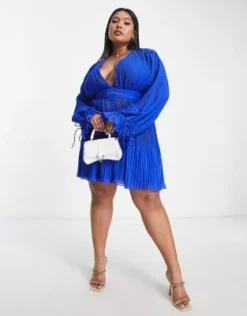 ASOS DESIGN Curve - Vestito Corto Con Maniche A Campana Blu Cobalto Con Pieghe E Cintura -Vendite ASOS Maternity || RIVER ISLAND || Monki 203531724 4
