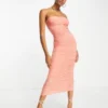River Island - Vestito Midi A Fascia Rosa Arricciato