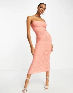 River Island - Vestito Midi A Fascia Rosa Arricciato