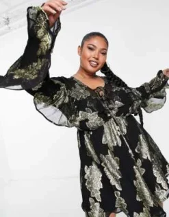 ASOS DESIGN Curve - Vestito Corto Metallizzato Nero Con Volant E Laccetti Sul Collo -Vendite ASOS Maternity || RIVER ISLAND || Monki 203540210 3