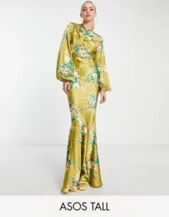 ASOS DESIGN Tall - Vestito Lungo Accollato Oliva Con Stampa A Fiori Grandi E Taglio Sbieco