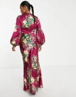 ASOS DESIGN Petite - Vestito Lungo Accollato Bordeaux Con Stampa A Fiori Grandi E Taglio Sbieco -Vendite ASOS Maternity || RIVER ISLAND || Monki 203550423 4