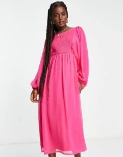 Miss Selfridge - Vestito Midi Testurizzato Rosa Vivo Arricciato