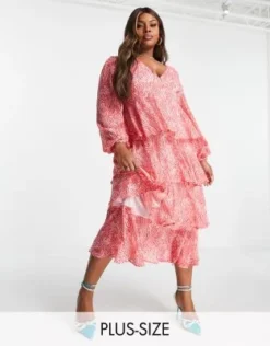 Pretty Lavish Curve - Vestito Midi Rosso A Balze Con Maniche A Palloncino E Stampa Astratta