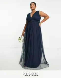 Anaya Plus - - Vestito Lungo Da Damigella Con Volant In Vita Blu Navy Con Scollo A V