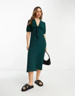 ASOS DESIGN - Vestito Midi Verde Bottiglia Allacciato Sul Davanti Con Bottoni