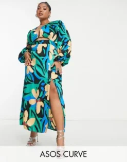 ASOS DESIGN Curve - Vestito Midi In Raso Con Stampa Astratta Vivace E Cut-out