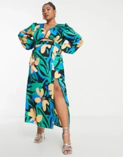 ASOS DESIGN Curve - Vestito Midi In Raso Con Stampa Astratta Vivace E Cut-out -Vendite ASOS Maternity || RIVER ISLAND || Monki 203583308 4