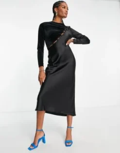 ASOS DESIGN - Vestito Midi In Misto Velluto E Raso Nero Con Bottoni -Vendite ASOS Maternity || RIVER ISLAND || Monki 203584492 4