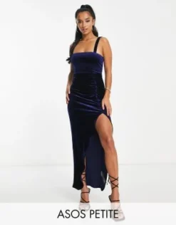 ASOS DESIGN Petite - Vestito Midi Con Spalline Sottili E Gonna Arricciata In Velluto Blu Navy
