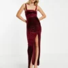 ASOS DESIGN Tall - Vestito Midi Arricciato In Velluto Rosso Vino Con Spalline Sottili