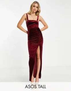 ASOS DESIGN Tall - Vestito Midi Arricciato In Velluto Rosso Vino Con Spalline Sottili
