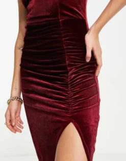 ASOS DESIGN Tall - Vestito Midi Arricciato In Velluto Rosso Vino Con Spalline Sottili -Vendite ASOS Maternity || RIVER ISLAND || Monki 203588178 4