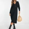 ASOS DESIGN - Vestito Midi Da Giorno A Maniche Lunghe Nero Con Bottoni
