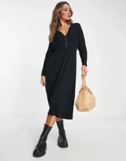 ASOS DESIGN - Vestito Midi Da Giorno A Maniche Lunghe Nero Con Bottoni