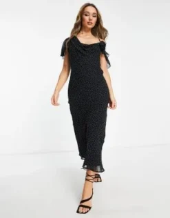 ASOS DESIGN - Vestito Sottoveste Midi Nero A Pois Con Fiore E Scollo A Cuore