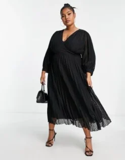 ASOS DESIGN Curve - Vestito Midi A Pieghe Con Maniche Ad Ali Di Pipistrello In Plumetis Con Motivo A Spina Di Pesce Nero -Vendite ASOS Maternity || RIVER ISLAND || Monki 203596998 3